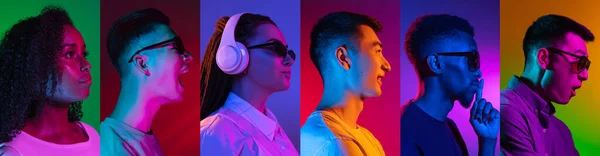 Porträtt av grupp människor på flerfärgad bakgrund i neonljus, collage. — Stockfoto