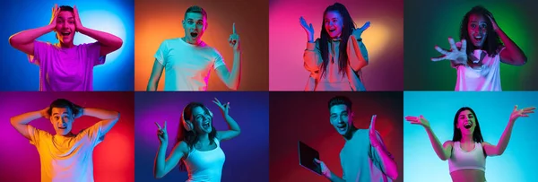 Portrait of group of people on multicolored background in neon light, collage. Surprised, shocked — Stock Photo, Image