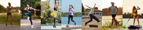 Collage su uomini e donne in forma all'aperto durante l'allenamento di fitness. Sport, allenamento, atleta, allenamento, concetto di esercizi — Foto Stock