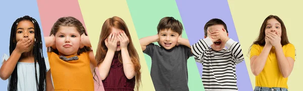 Colagem feita de retratos de pequenas crianças bonitos, meninos e meninas isolados em fundo estúdio multicolorido. Emoções humanas, expressão facial, conceito de infância — Fotografia de Stock