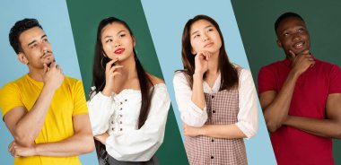 Çok renkli arka plandaki bir grup insanın portreleri, kolaj. Düşünüyorum, hayal ediyorum..