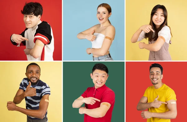 Vaccination med Covid-19. Afrikanska, asiatiska, kaukasiska män och kvinnor poserar isolerade på ljus studio bakgrund. Collage med modeller i avslappnade kläder. — Stockfoto