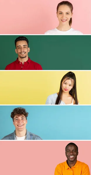 Collage van jonge mannen en vrouwen op zoek naar camera geïsoleerd op roze, groene, blauwe en gele achtergrond. — Stockfoto