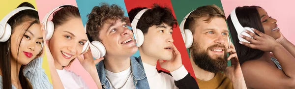 Portraits of group of people, happy young men and women in headphones isolated on multicolored background, collage. — Stock Photo, Image