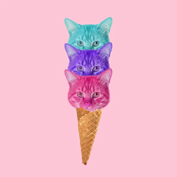 Koláž současného umění, moderní design. Letní nálada. Ledová tříšť naplněná roztomilými koťaty na světle růžovém pozadí. — Stock fotografie