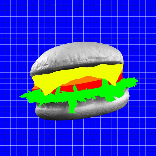 Сучасний дизайн, колаж сучасного мистецтва. Натхнення, ідея, стиль міського журналу. Композиція з гамбургерами на яскравому фоні неонових кольорів . — стокове фото
