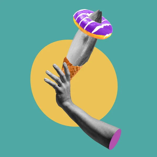 Collage de arte contemporáneo, diseño moderno. Humor divertido de verano. Mano con pescado y esmalte donut sobre fondo abstracto amarillo claro. — Foto de Stock