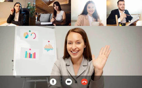 Gegroet collega 's, zakenpartners. Team werken door groep video call delen ideeën brainstormen gebruik maken van video conferentie. — Stockfoto