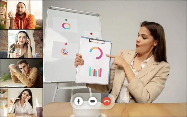 Rapport annuel. Travailler en équipe par vidéoconférence de groupe partager des idées brainstorming utiliser la vidéoconférence. — Photo