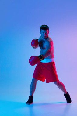 Bir adam, profesyonel boksör spor giyim boksörü stüdyo arka planında, neon ışıklı. Spor, aktivite, hareket, refah kavramı.