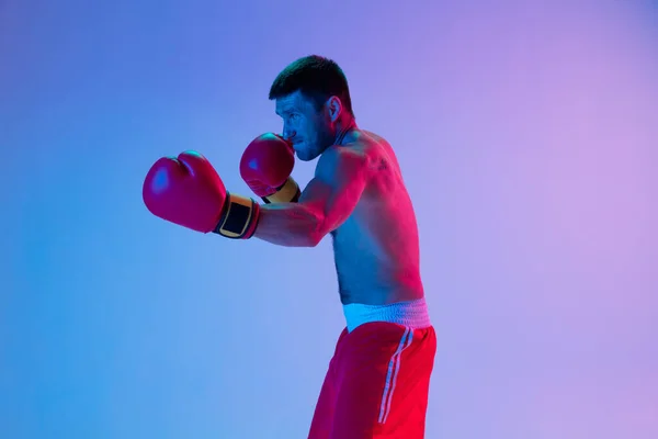 One man, professional boxer in sportwear boxing on studio background in gradient neon light. Concept of sport, activity, movement, wellbeing. — Stock Photo, Image
