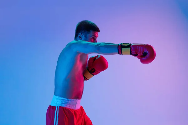 Un hombre, boxeador profesional en boxeo de ropa deportiva en el fondo del estudio en luz de neón gradiente. Concepto de deporte, actividad, movimiento, bienestar. — Foto de Stock