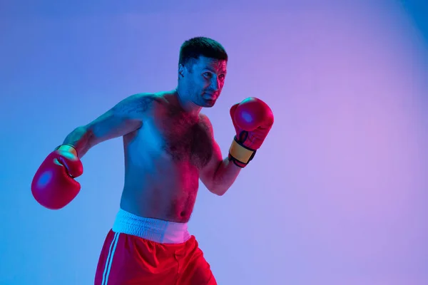 Portret białego mężczyzny, profesjonalny bokser w boksie sportowym na tle pracowni w świetle gradientowym. Pojęcie sportu, aktywności, ruchu, dobrobytu. — Zdjęcie stockowe