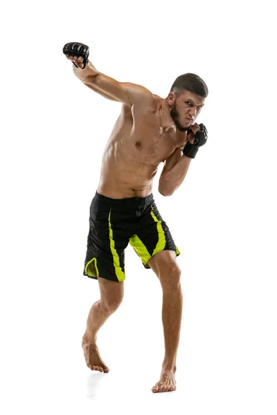 Retrato de boxeador profesional masculino MMA practicando aislado sobre fondo de estudio blanco. Ajuste muscular caucásico atleta lucha. — Foto de Stock