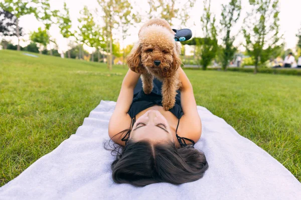 Hermosa chica caucásica y su mascota, perrito caniche dorado paseando en el parque público, al aire libre. Hora de verano. Emociones sinceras. concepto de actividades de ocio — Foto de Stock
