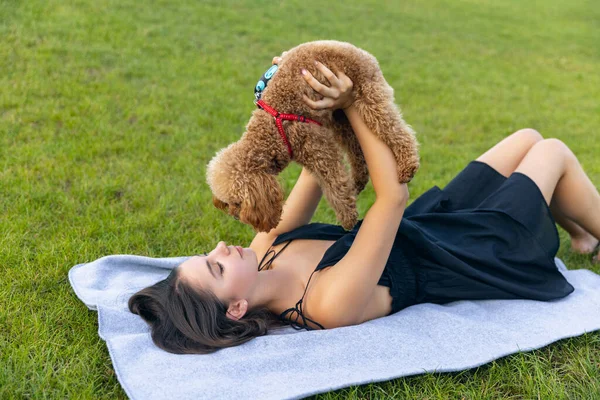 Güzel kız ve onun evcil köpeği, küçük altın kaniş köpeği halka açık bir parkta eğleniyorlar. Yaz zamanı. Samimi duygular. boş zaman aktiviteleri konsepti — Stok fotoğraf