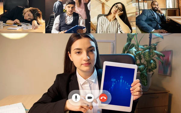 Diskussion zukünftiges Projekt. Team arbeitet per Gruppenvideoanruf Ideen austauschen Brainstorming Videokonferenz nutzen. — Stockfoto