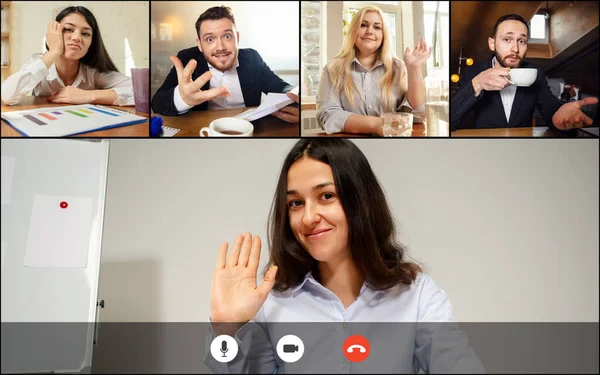 Salutations collègues, partenaires d'affaires. Travailler en équipe par vidéoconférence de groupe partager des idées brainstorming utiliser la vidéoconférence. — Photo
