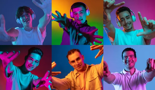 Portraits of young men gesturing isolated on multicolored background in neon light, collage. Horizontal poster, collage made of 6 models. — Stock Photo, Image