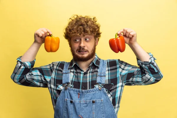 Close-up funny redheaded bearded man, farmer with yellow and red pepper standing isolated over yellow studio background. Concept of professional occupation, work. — Stock Photo, Image