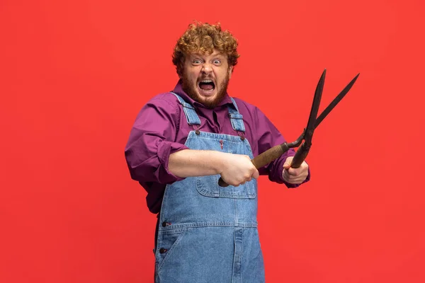 Close-up funny redheaded bearded man, farmer with big garden scissors isolated over red studio background. Concept of professional occupation, work. — Foto de Stock