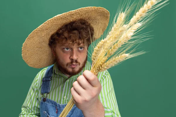 Close-up redheaded bearded man, farmer with ear of wheat standing isolated over green studio background. Concept of professional occupation, work. — Foto Stock