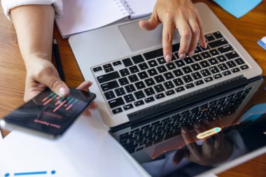 Genç bir kadın, CEO, ofiste çalışan bir yönetici. Dizüstü bilgisayar, modern aletler. Uzaktan kumanda çalışıyor. Comapny 'de işyeri, PC ile ev, aygıtlar.