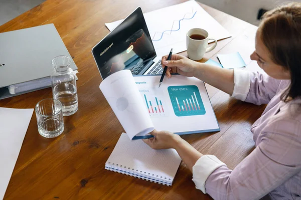 Young woman, manager working at office. Using laptop, modern gadgets. Remote working. Workplace at comapny, home with PC, devices. — Foto Stock