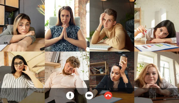 Dure journée de travail. L'équipe qui travaille par vidéoconférence de groupe partage ses idées par vidéoconférence. Collage — Photo