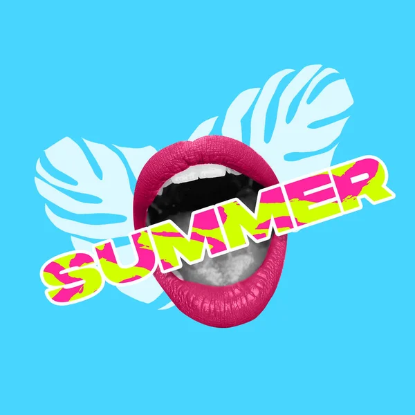Contemporary art collage, modern design. Summer time mood. Composition with female opened mouth isolated over bright absract neon background. — Stock Photo, Image