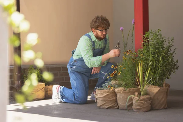 Un hombre caucásico pelirrojo barbudo, agricultor trabajando en el jardín, al aire libre Concepto de ocupación profesional, trabajo. — Foto de Stock