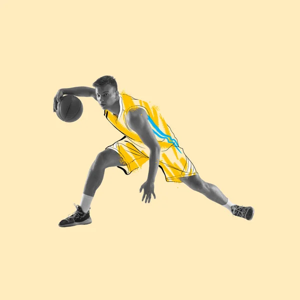 Zine collage. Young man, basketball player in drawn sports uniform isolated on light background. Illustration, painting. Concept of sport, game, action and modern art — Stock Photo, Image