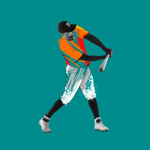 コラージュ。緑の背景に隔離された動きで描かれたスポーツの制服でプロ野球選手。イラスト、絵画。スポーツ、ゲーム、アクション、現代美術の概念 — ストック写真