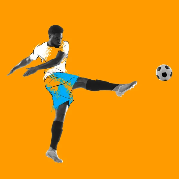 黄色の背景に隔離されたスポーツの制服を描いた若い男、サッカーのサッカー選手。イラスト、絵画。スポーツ、ゲーム、アクション、現代美術の概念 — ストック写真