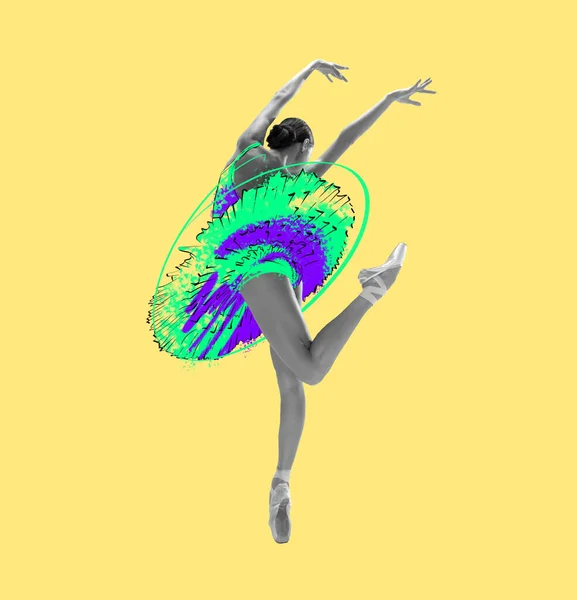 Young beautiful graceful ballerina in drawn dress, outfit or tutu isolated on yellow background. Illustration, painting. Concept of beauty, grace and calssic ballet art