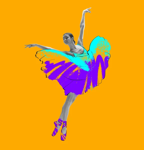 Young beautiful graceful ballerina in drawn dress, outfit or tutu isolated on yellow background. Illustration, painting. Concept of beauty, grace and calssic ballet art