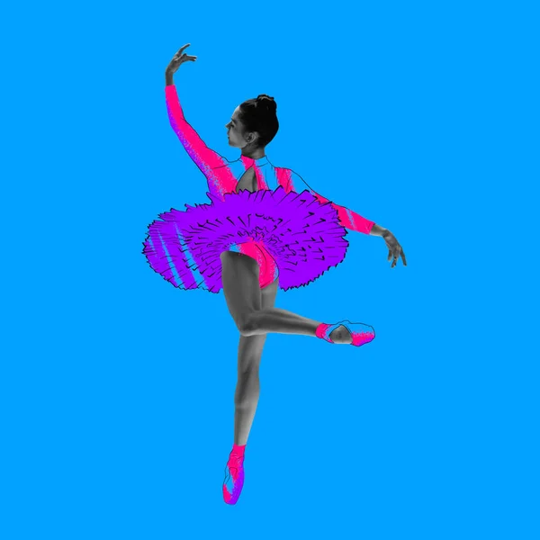 Young beautiful graceful ballerina in drawn dress, outfit or tutu isolated on blue background. Illustration, painting. Concept of beauty, grace and calssic ballet art
