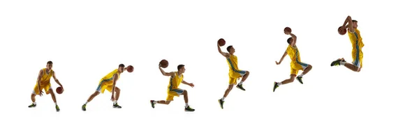Entwicklung von Bewegungen. Collage. Junger Mann, Basketballspieler in Aktion isoliert vor weißem Studiohintergrund. Flyer. Konzept Sport, Wettbewerb — Stockfoto