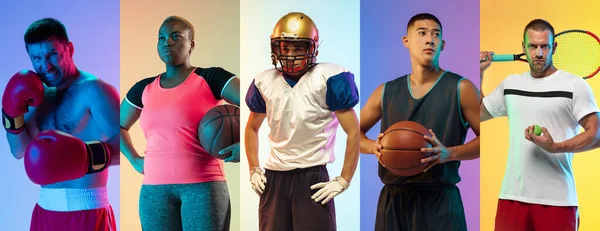 Collage sportivo. Boxer, tennis, football americano, giocatori di basket in posa isolati su sfondo multicolore al neon. Concetto di sport, salute, annuncio — Foto Stock