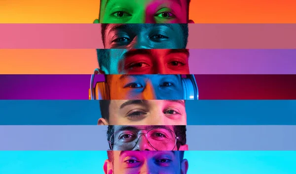 Колаж крупним планом чоловічих і жіночих очей ізольований на кольоровому неоновому задньому плані. Різнокольорові смуги. Флаєр з копіювальним простором для реклами — стокове фото