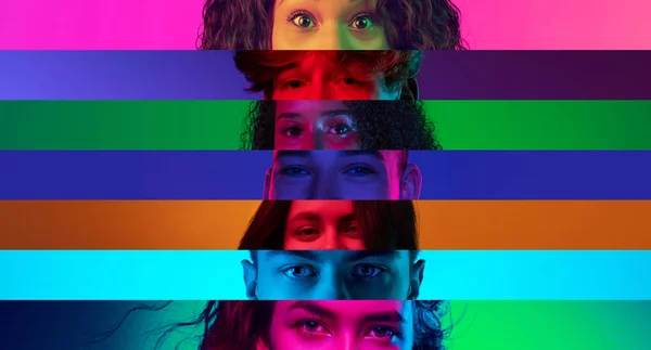 Collage aus Großaufnahmen männlicher und weiblicher Augen isoliert auf farbigem Neon-Backgorund. Bunte Streifen. Konzept der Gleichheit, Vereinigung aller Nationen, Altersgruppen und Interessen — Stockfoto