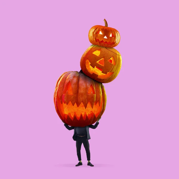 Kolaż sztuki współczesnej. Człowiek na czele strasznej dyni Halloween odizolowany na tle światła, noc strachu. Wakacje, koncepcja tradycji świątecznych — Zdjęcie stockowe