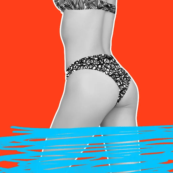 Collage de arte contemporáneo, diseño moderno. Humor de verano. Hermoso cuerpo femenino aislado sobre fondo de moda brillante. —  Fotos de Stock