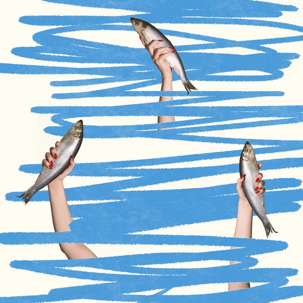 Collage zeitgenössischer Kunst, modernes Design. Sommerstimmung. Komposition mit Fisch schwimmen auf hellem Neon trendigen Hintergrund. — Stockfoto