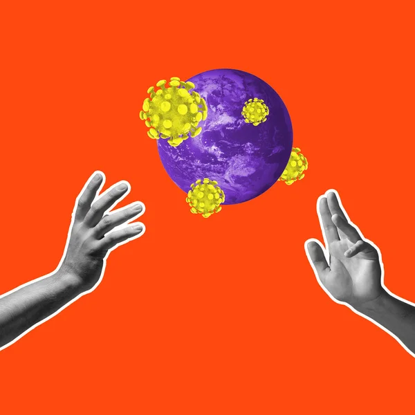 Kolaż artystyczny o szczepieniach globalnych - pielęgnacja wirusa korony - globus i abstrakcyjne męskie dłonie. — Zdjęcie stockowe