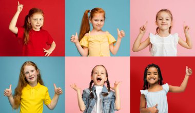 Çok renkli stüdyo arka planında izole edilmiş küçük ve mutlu kızların portrelerinden yapılmış sanat kolajı. İnsani duygular, yüz ifadesi kavramı