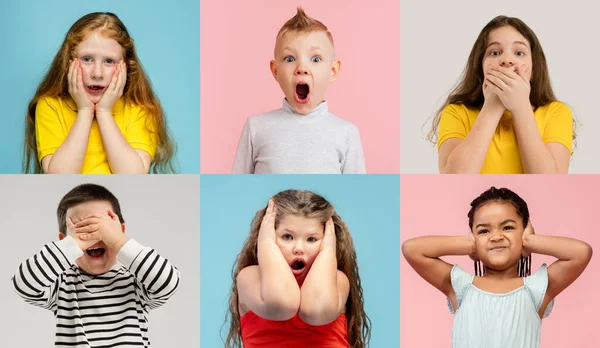 Kunstcollage aus Porträts kleiner und glücklicher Kinder isoliert auf buntem Studiohintergrund. Menschliche Emotionen, Gesichtsausdruck — Stockfoto