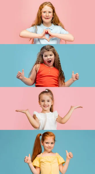 Kunstcollage aus Porträts kleiner und glücklicher Mädchen isoliert auf buntem Studiohintergrund. Menschliche Emotionen, Gesichtsausdruck — Stockfoto