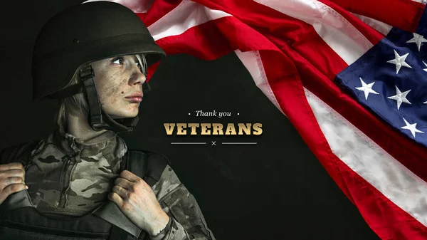 Courage. Design for greeting card, poster for Veterans day. Close-up American female soldier next to USA flag isolated over grey background. — Stock Photo, Image