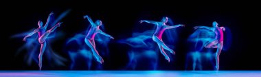 Karmaşık neon ışıklarıyla izole bir şekilde dans eden güzel bir balerinin hareketleri. Sanat, tiyatro, güzellik ve yaratıcılık kavramı
